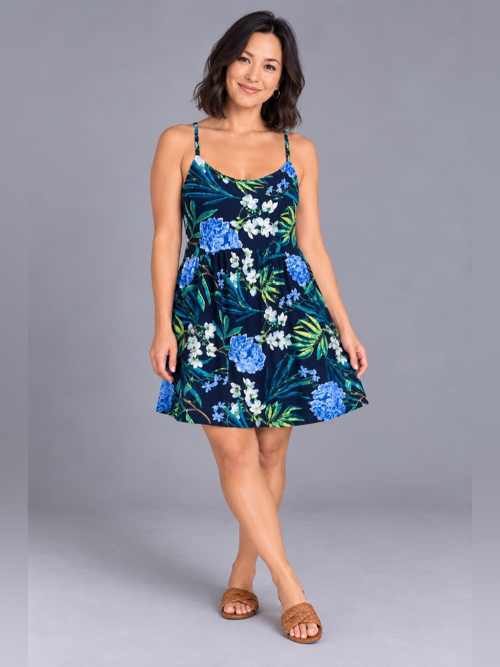 Navy Blue Floral Strappy Dress Large Summer to Fall